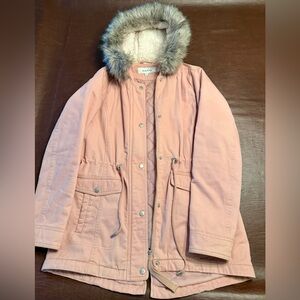 Sebby Light Pink Utility Jacket with Faux Fur Hood